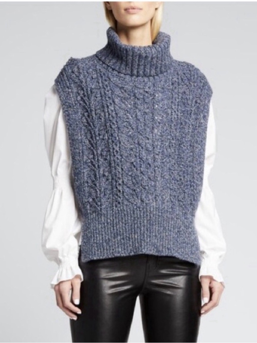 Veronica Beard Collina Heathered Blue Cable Knit Turtleneck Sweater Vest M/L
